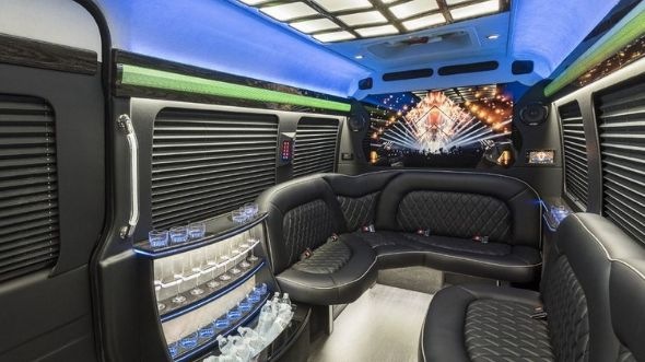 Interior of Charter Bus Company Greenwich's Sprinter Limo in Greenwich